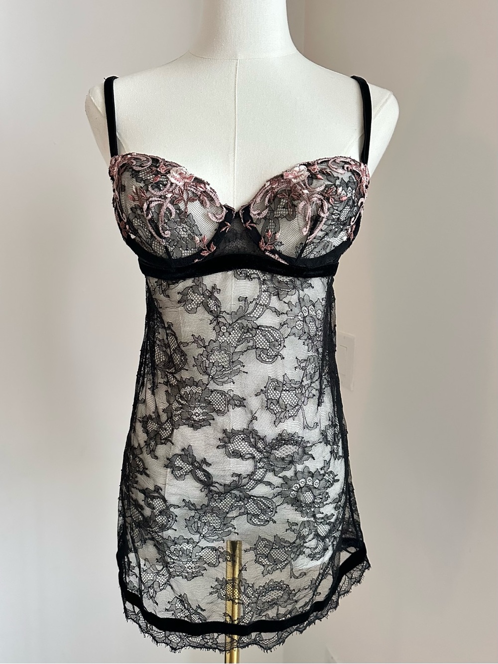 La Perla Sheer Black Lace Chemise with Pink Embroidered Cups